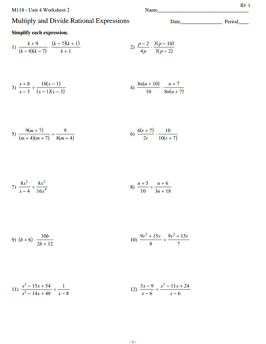 Simplify Rational Expressions Worksheet